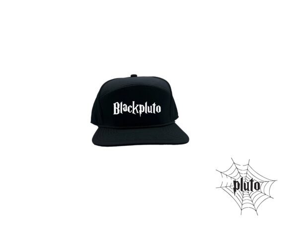 Black base ball cap with a black pluto logo