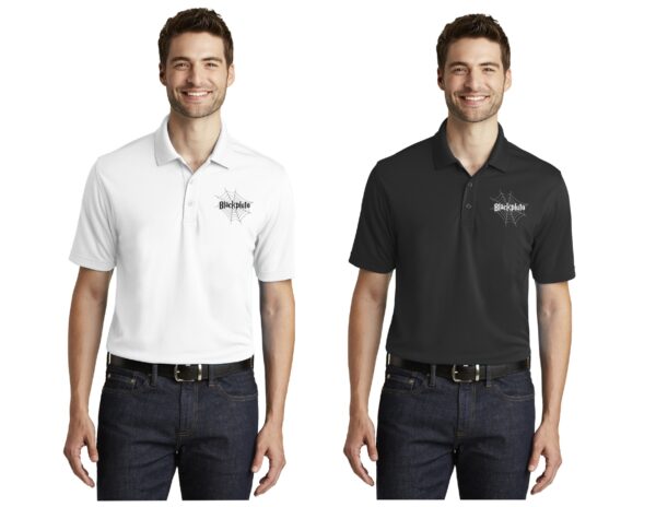 Male model wearing white and black variant polo shirt